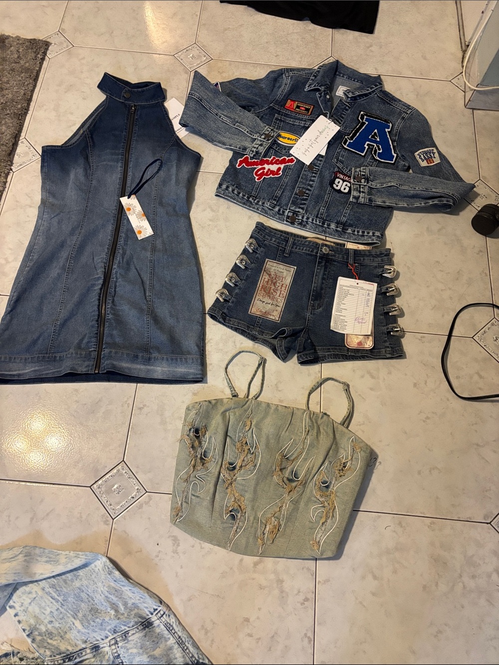 Women's Denim Jacket with Patches - Blue Dress Shorts and lace top
